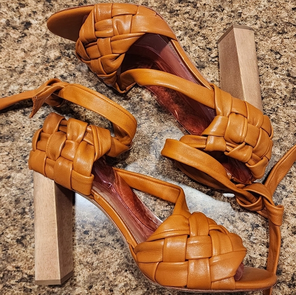 ULLA JOHNSON Braided Leather Ankle-Tie Wood-Heel Sandals - Tan - Size 40/10 - Picture 5 of 10